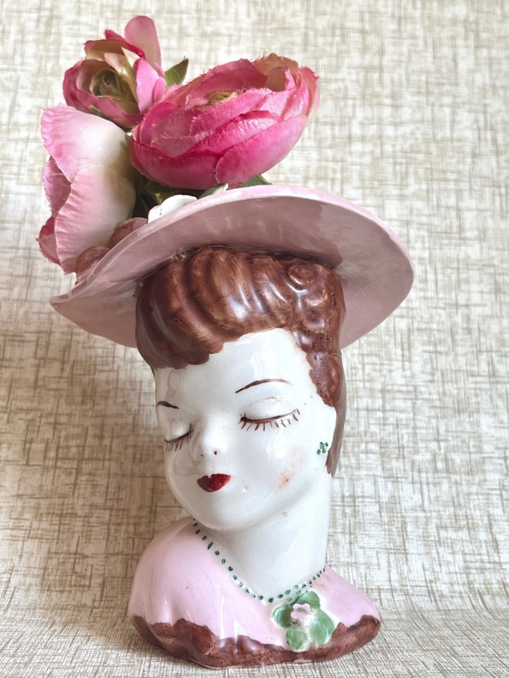Vintage Lady Head Vase Ceramic Planter Glamour Girl 1940s Flower Vase - Picture 3 of 10